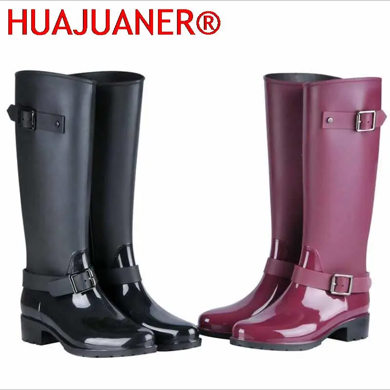 Botas altas com zíper estilo punk para mulheres, botas de chuva cor pura, sapatos de borracha para exterior, tamanho grande 36-41