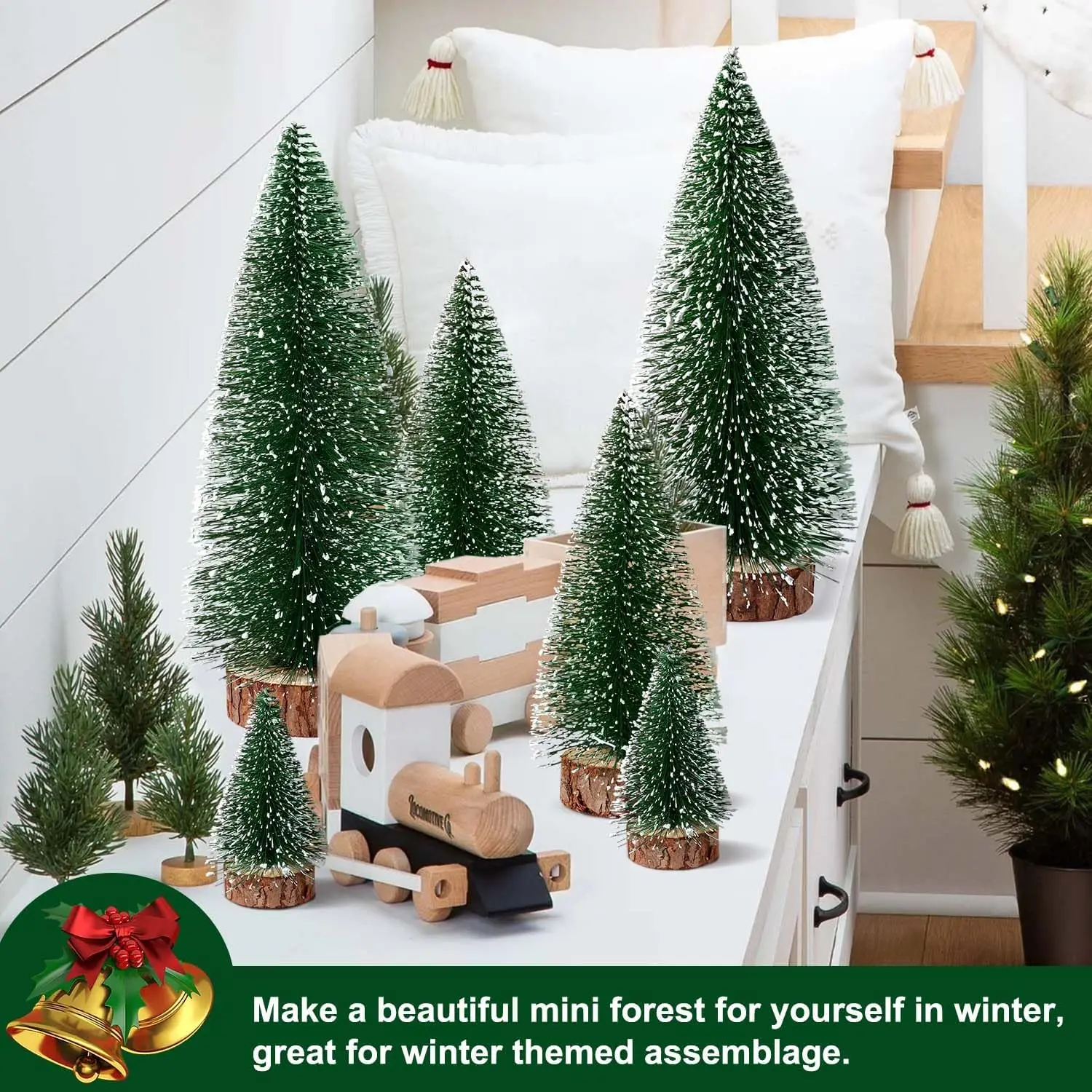 Desktop miniatuur kerstbomen Mini dennenboom met sneeuw- en houten basis voor Kerstvakantiefeest Thuis Tafelblad Auto Tuin Decor