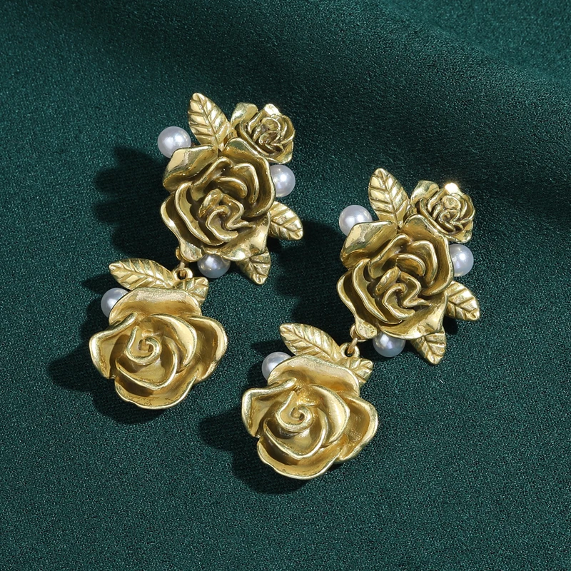 

Винтажные серьги-капли золотого цвета с цветком розы, кулон 18 карат, жемчуг, антикварные натуральные камни, женские 2026, новые тенденции, подарки на день Святого Валентина