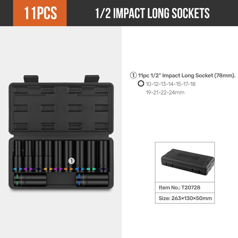 

Набор ударных торцевых головок 1/2 дюйма, 11 предметов, с длинными головками 78 мм (10-24 мм) и прочным кейсом, профессиональные инструменты для авторемонта