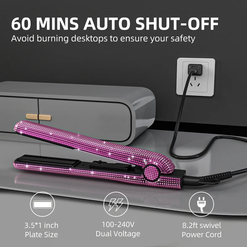 Hair Straightener Flat Iron Ceramic Tourmaline Ionic Adjustable Temperature Dual Voltage Travel Pouch with Glove Clips Pink