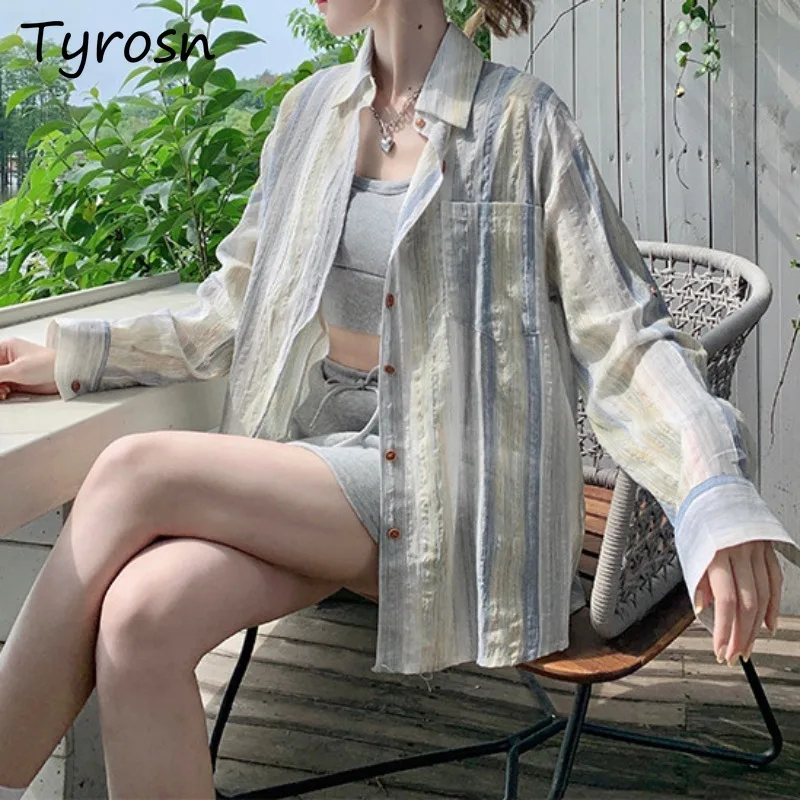 

Vertical Striped Shirts Women Summer Sun-proof Simple Loose Long Sleeve Tops Buttons Pocket Chic Trendy Hong Kong Style Casual