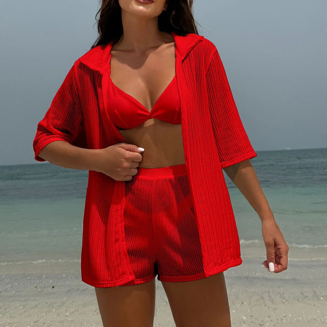 Mit Hemd, Shorts, Neckholder, brasilianischer Bikini, Damen-Badeanzug, Damen-Bademode, vierteiliges Bikini-Set, Badeanzug, Badebekleidung, Schwimmbekleidung V5716H – Detail 14