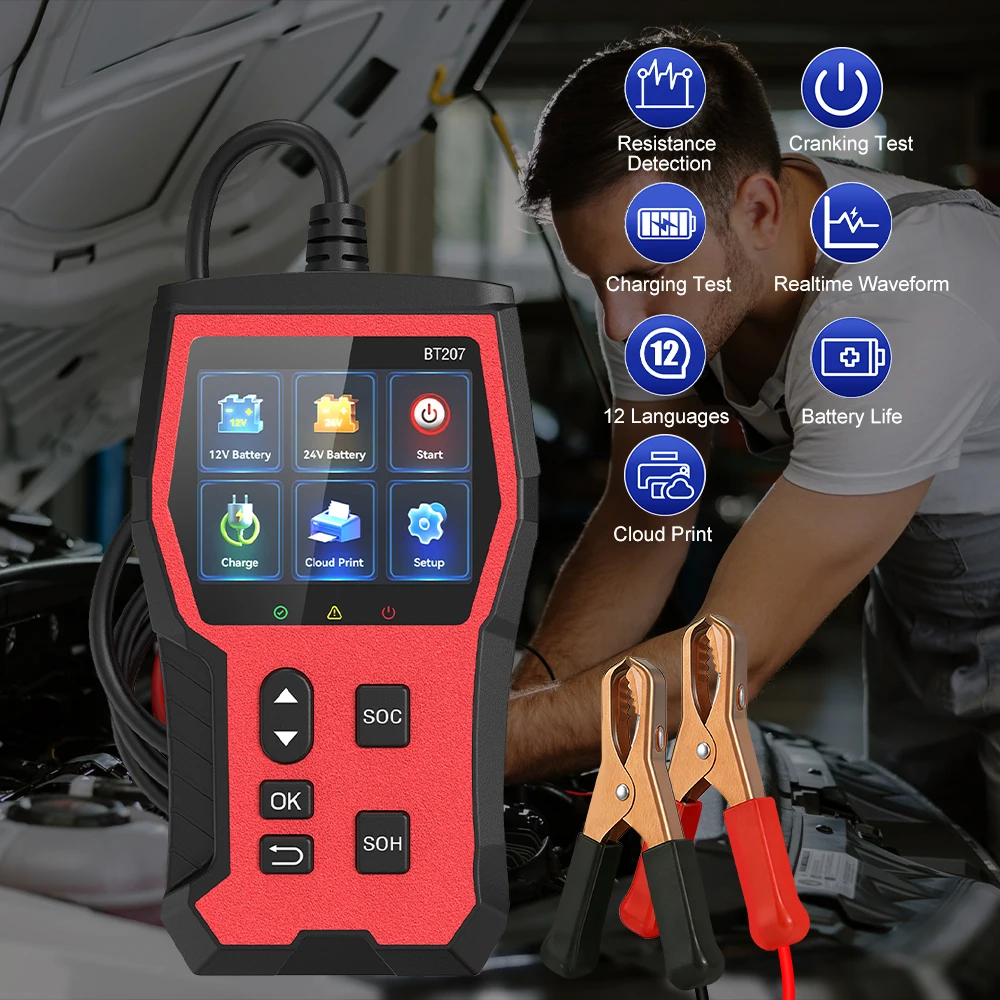 

Тестер автомобильных аккумуляторов 24В/12В с поддержкой облачной печати, интеллектуальный детектор автомобильных аккумуляторов с цифровым дисплеем, диагностический инструмент BT207