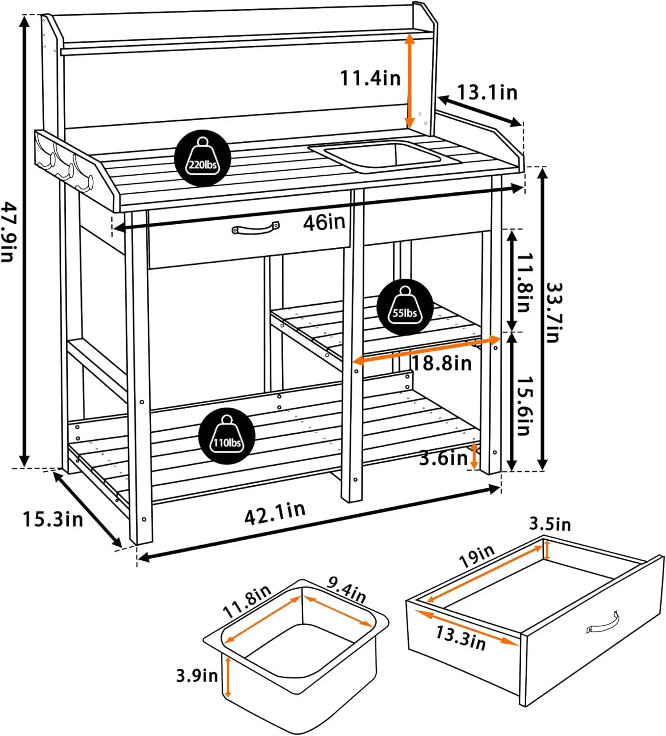 Outdoor Wood Potting Bench, Garden Horticulture Workstation with Removable Stainless Sink, Shelves, Drawers & Hooks,