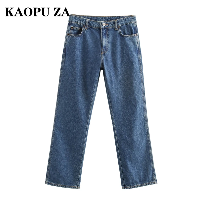 KAOPU ZA Woman's 2024 Autumn Vintage High Waist Ruffles Button Jeans Bottoms Female Casual Solid Color Pockets Long Pants Pants