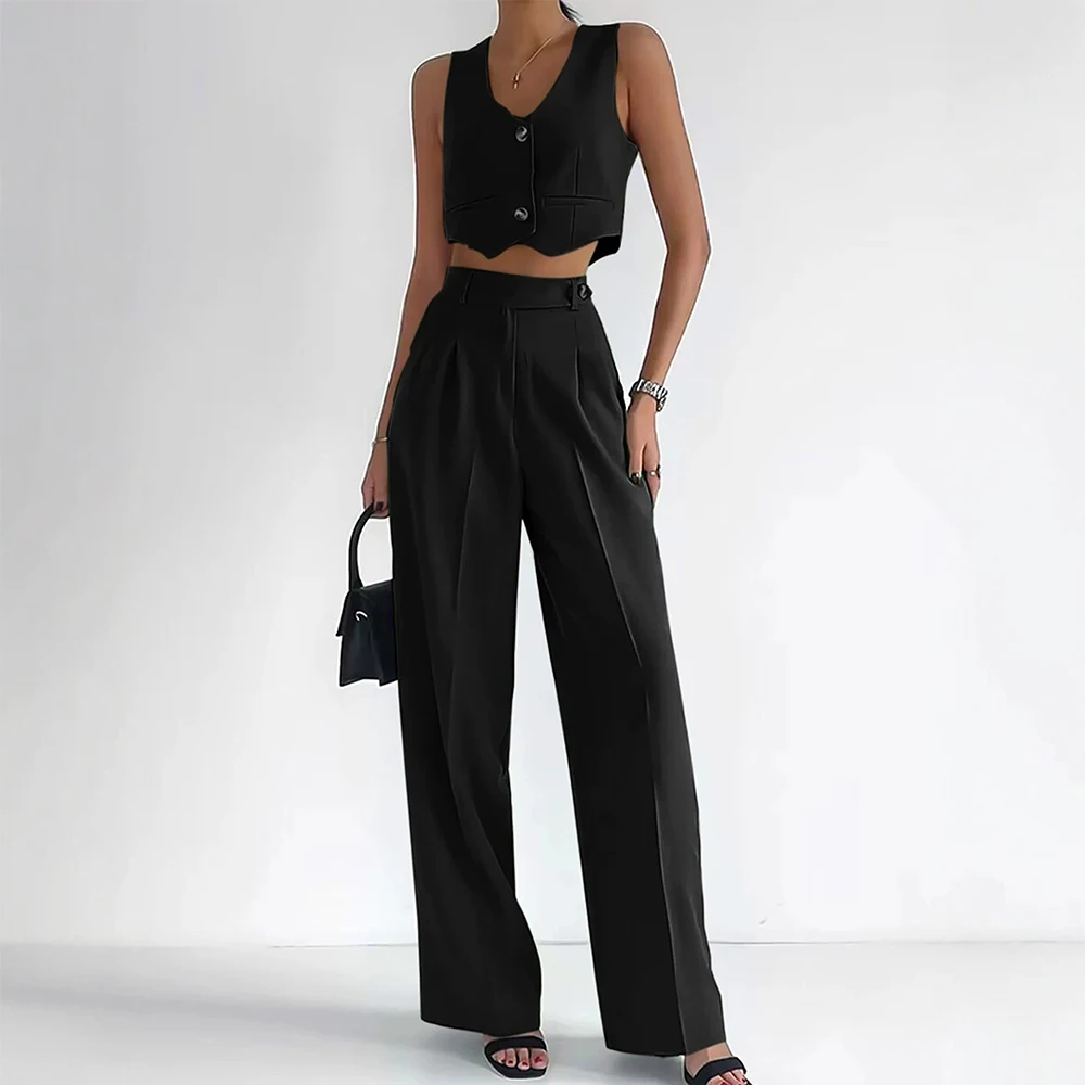 

Mia Muse Sets Summer Fashionable Fashion 2025 Plain V-Neck Sleeveless Cropped Top Full Length Pants Casual Sets For Women
