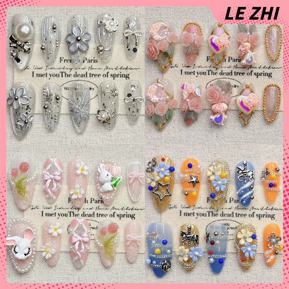 

10Pcs Sweet Cool Short Square Almond Handmade Press On Nail Metal Flower Rhinestone Pearl Chain Bow Butterfly Wearable Fake Nail