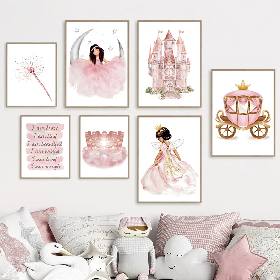 

Cartoon Pink Swan Castle Crown Princess Baby Nursery Posters Canvas Painting Wall Art Print Pictures Kids Girls Room Home Decor