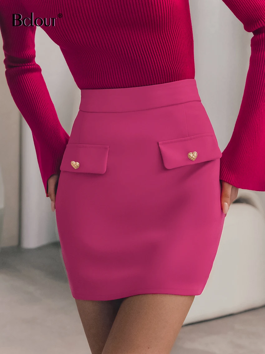 Bclout Elegant Pink Skirts Women 2024 Fashion Solid Office Lady Slim Sexy Skirts Autumn High Waist Buttons Party Mini Skirts Y2k