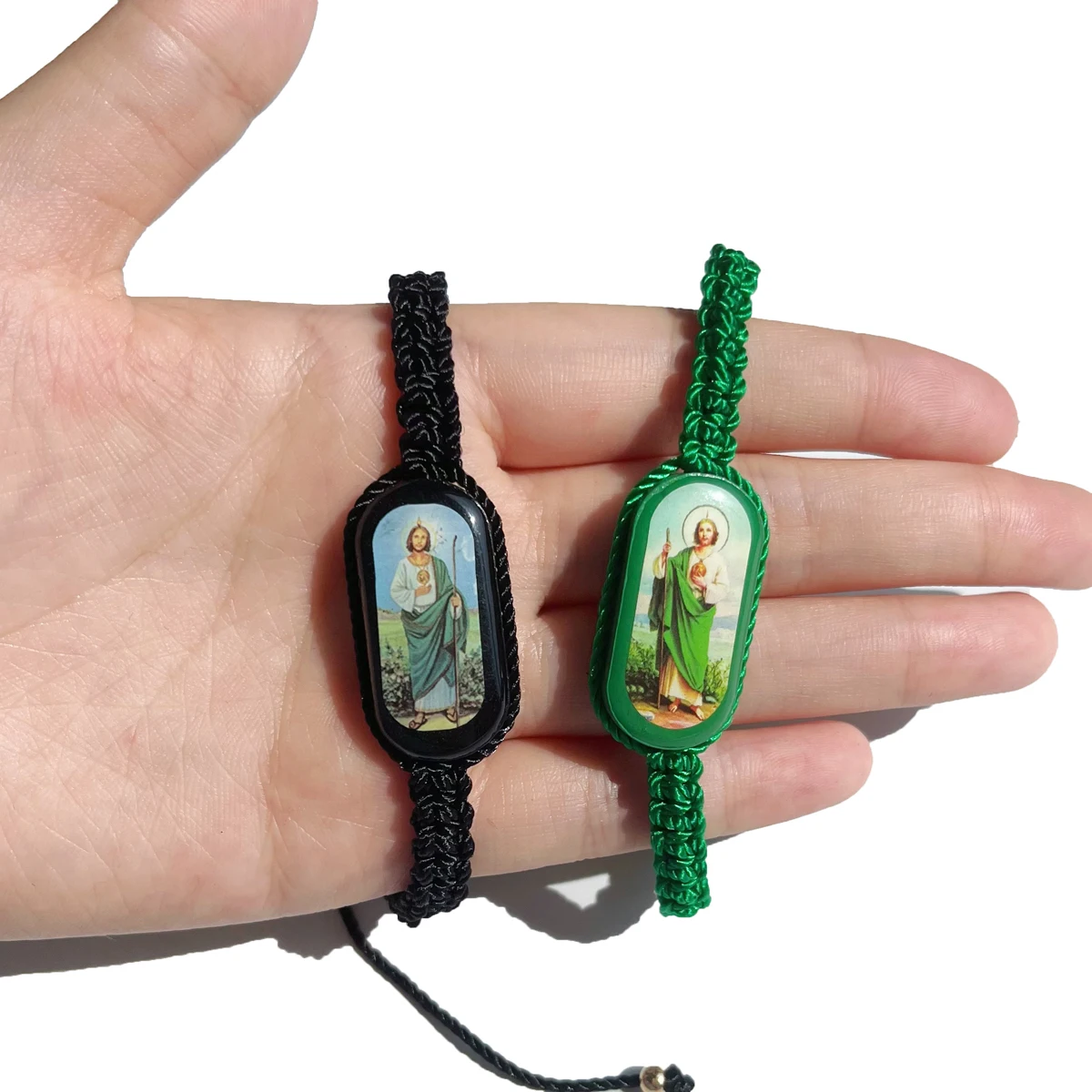 1 Piece/Set Of Oval Wooden Oil Dripping St. Jude Woven Bracelet With Green and Black Plates For Men and Women Prayer Bracelet