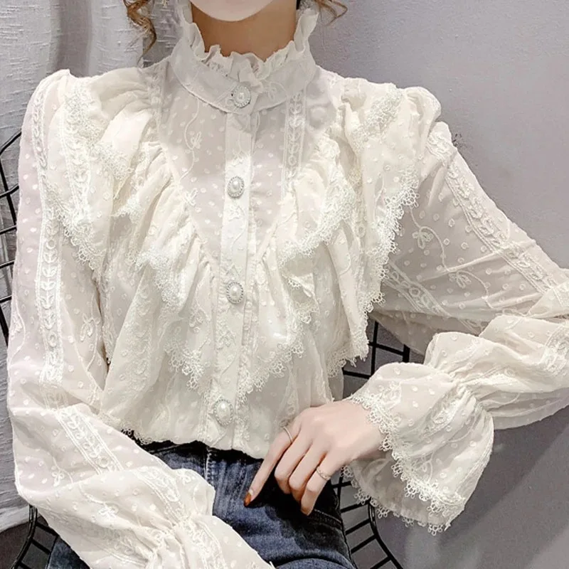 Vintage Ruffled Lace Shirt Women Long Sleeve Tops Loose Elegant Blouse Women Stand Collar Slim White Casual Blouses Blusa 15832