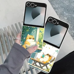 Plain Cute Lazy Cat with Milk Tea Pattern Case for NEW Samsung Galaxy Z Flip 7 6 5 4 3 5G Clear Shell Flip5 Flip6 INS Funda Para