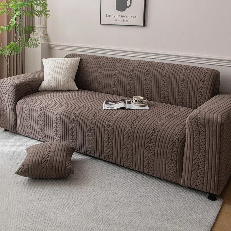 Solid All-Inclusive Polar Fleece Sofa Cover Wheat Ear Jacquard Couch Slipcover Anti Slip Armchair Protector with Elastic Band