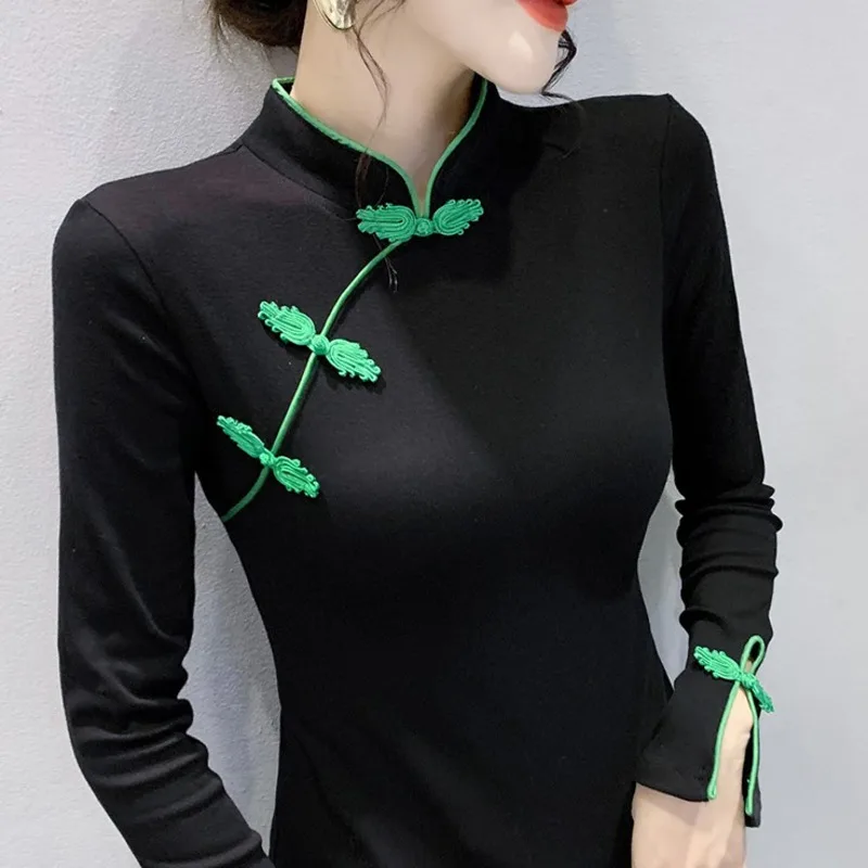 #4220 Black White Chinese Style Vintage T Shirt Women Stand Collar Long Sleeve T Shirt Cotton Asymmetrical T Shirt For Girl Sexy