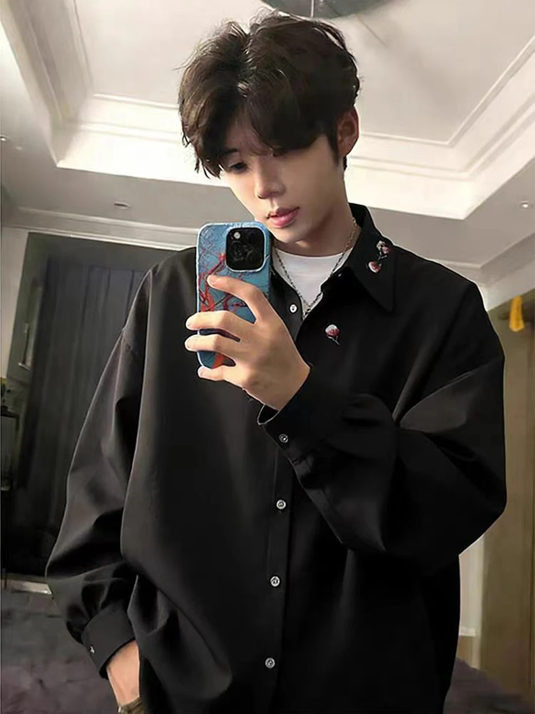 

Мужская повседневная рубашка Bla с цветочной вышивкой, высококачественная, комфортная, дышащая, с длинным рукавом, для дома, кампуса, вечеринок