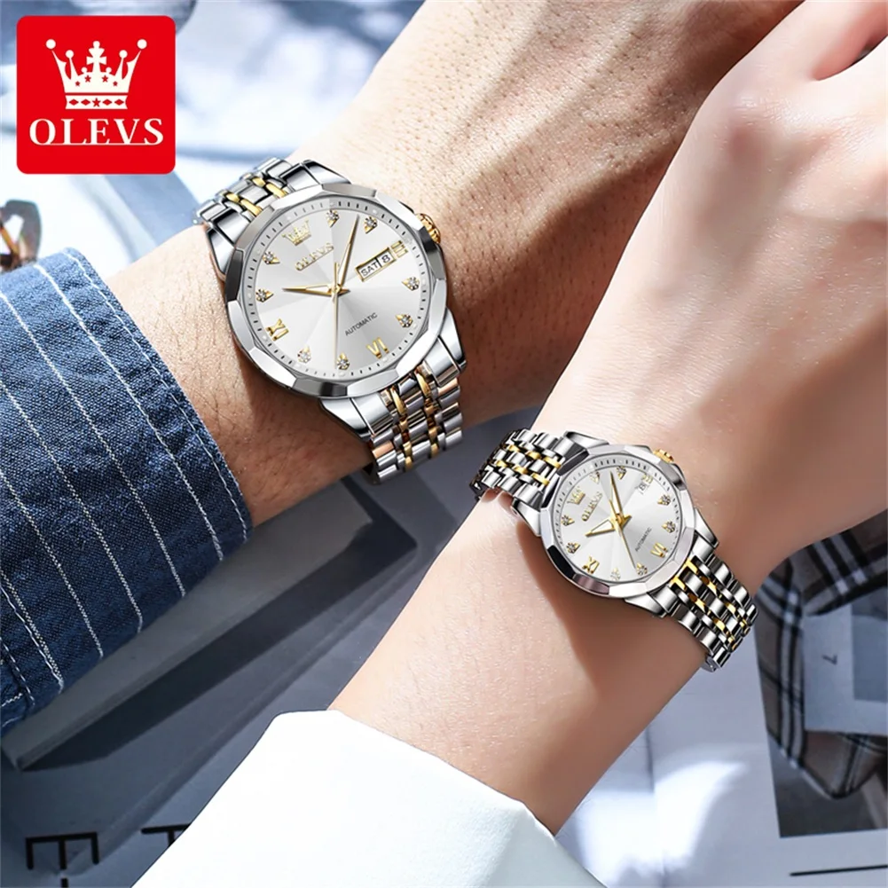 OLEVS Couple Watches Casual Fashion Automatic Mechanical Wristwatch for Lover Waterproof Luminous Date His and Her Watch Valenti