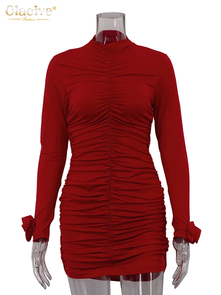 Clacive Bodycon Red Knitted Women\'s Dress 2024 Fashion Stand Collar Long Sleeve Mini Dresses Elegant Classic Ruched Female Dress