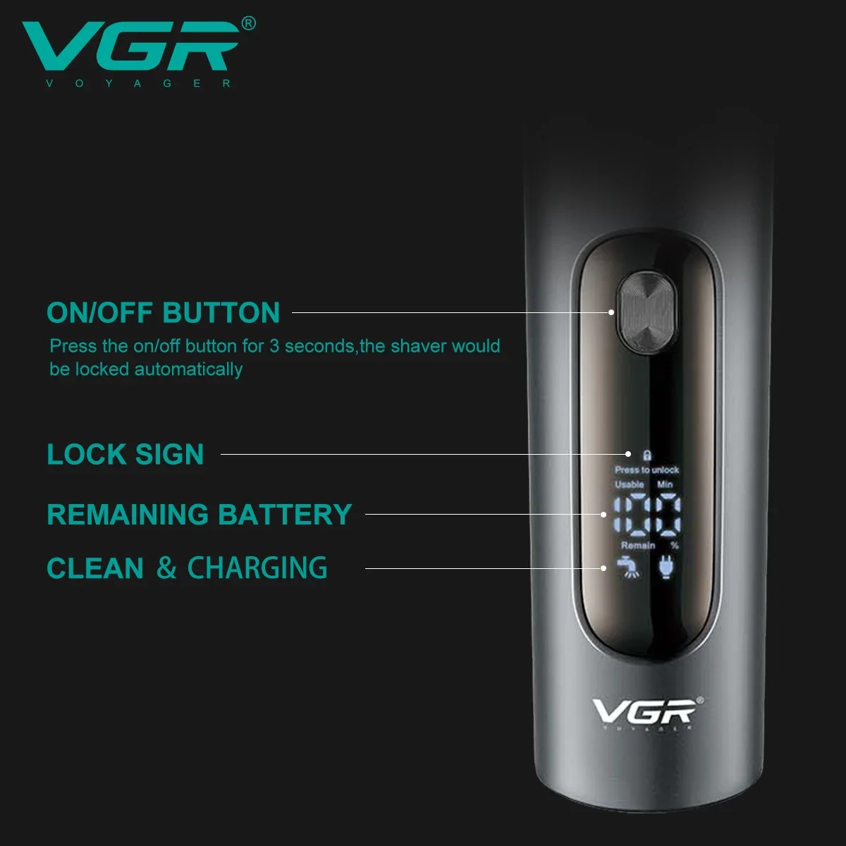 VGR 3-Blades Wet Dry Electric Shaver For Men Rechargeable Facial Electric Razor Washable Beard Shaving Machine LCD Display