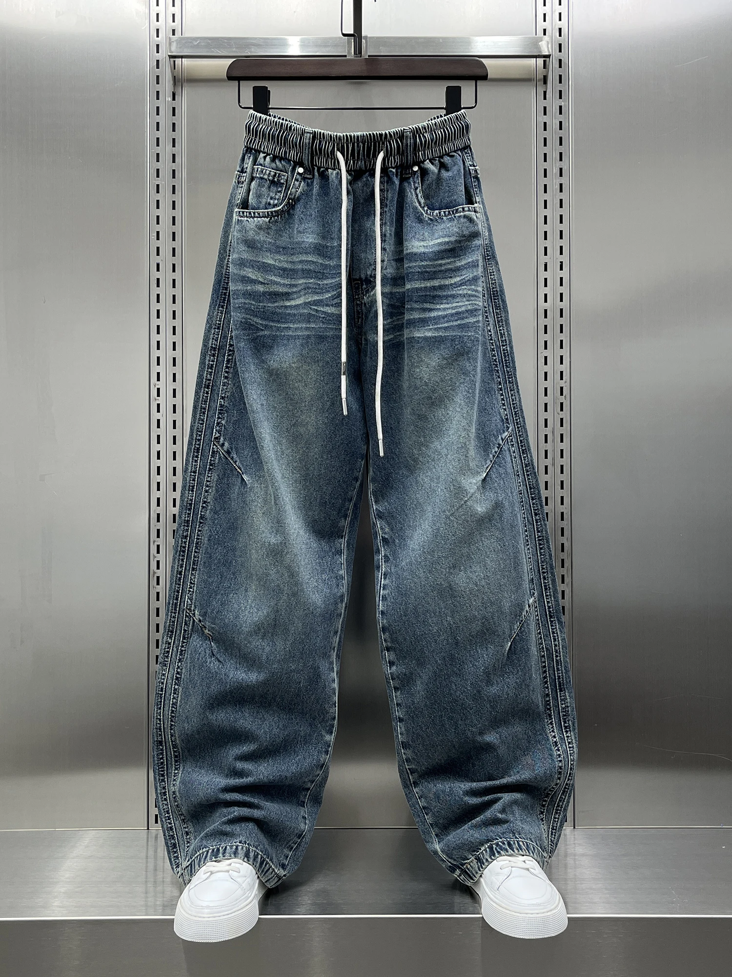 

Мужские джинсы свободного кроя в американском стиле, новые модные молодежные брюки на весну с эластичной талией, трендовые прямые брюки