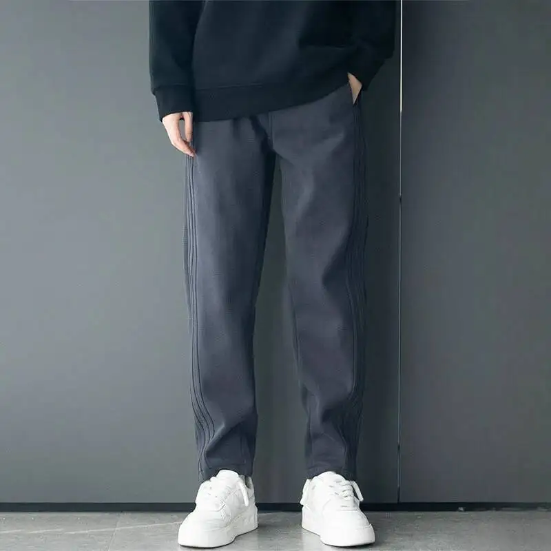 

American High Street Autumn Winter Straight Plus Veet Pants Men Solid Elastic Waist Pocket Trend Casual Motion Sweatpants 2025