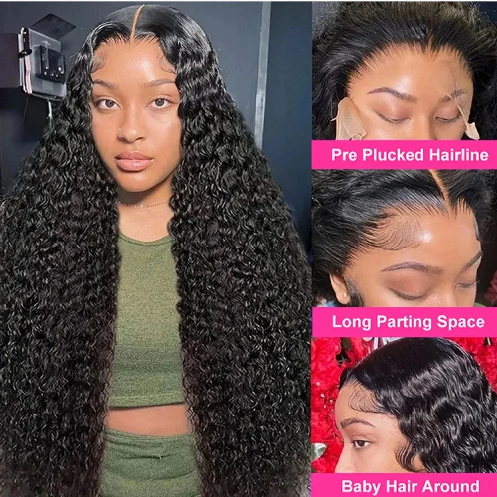 200 Density Natural Colored Deep Curly Wave Human Hair Wigs For Women 44 46 Inch 13x4 13x6 HD Transparent Full Lace Frontal Wigs image 4