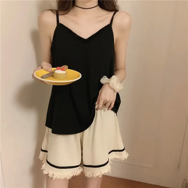 

Japanese Sweet and Cute Women's Pajamas Set Summer Thin Suspenders Solid Colour Loose Sleepwear Homewear Women's Clothing New