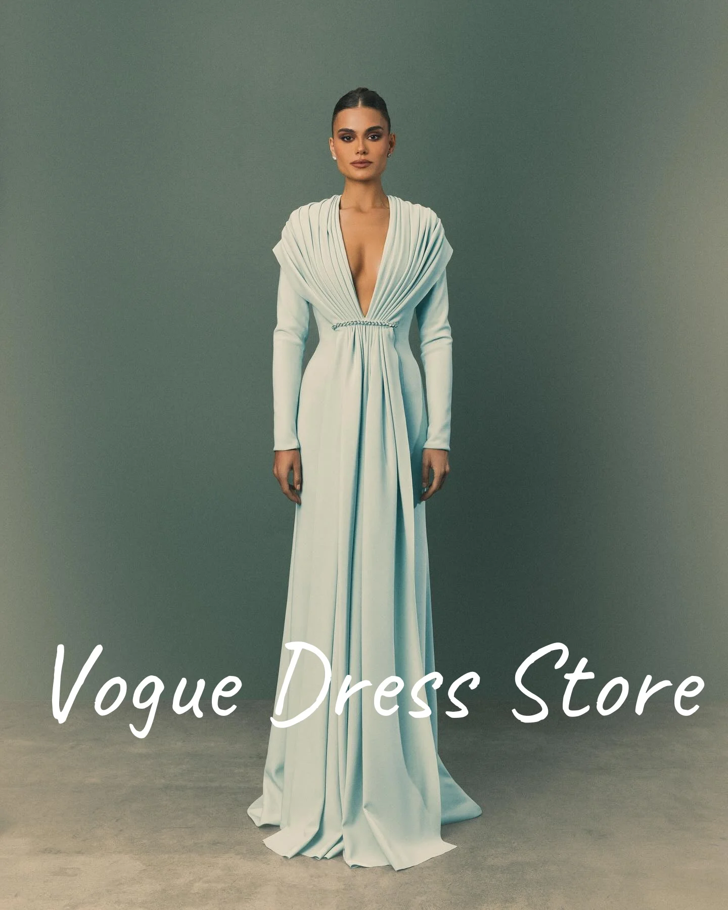 Customized High Quality Jersey Crystal Evening Dresses Temperament Long Sleeves V-Neck Prom Dress Custom Size Party Dr image 4