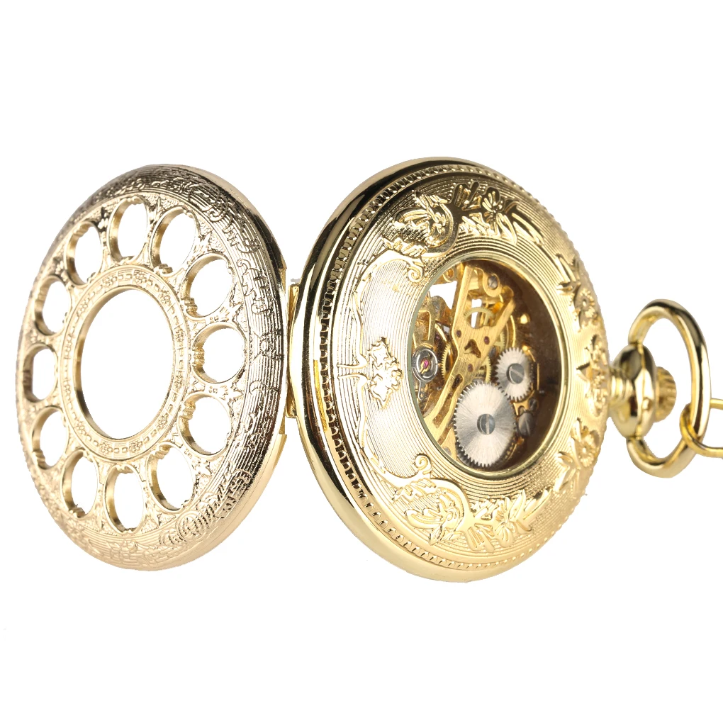 Transparent Hollow Roman Numerals Display Mechanical Pocket Watch Hand-Winding Luxury Vintage Pendant Chain Clock Gift Male