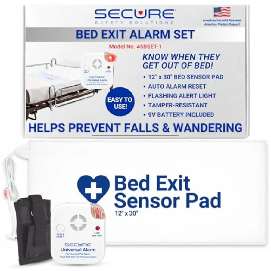 Bed alarm for elderly adults: pressure sensor pad 12 x 30 with protective holder, black, 80 dB alert and 9V battery for dementi