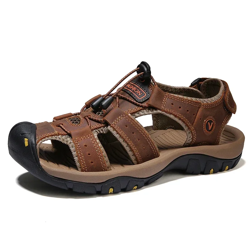 Men's Sandals Summer Anti-collision Toe Outdoor Walking Treking Casual Shoes Leather Hiking Men Slippers Beach Wading Shoes