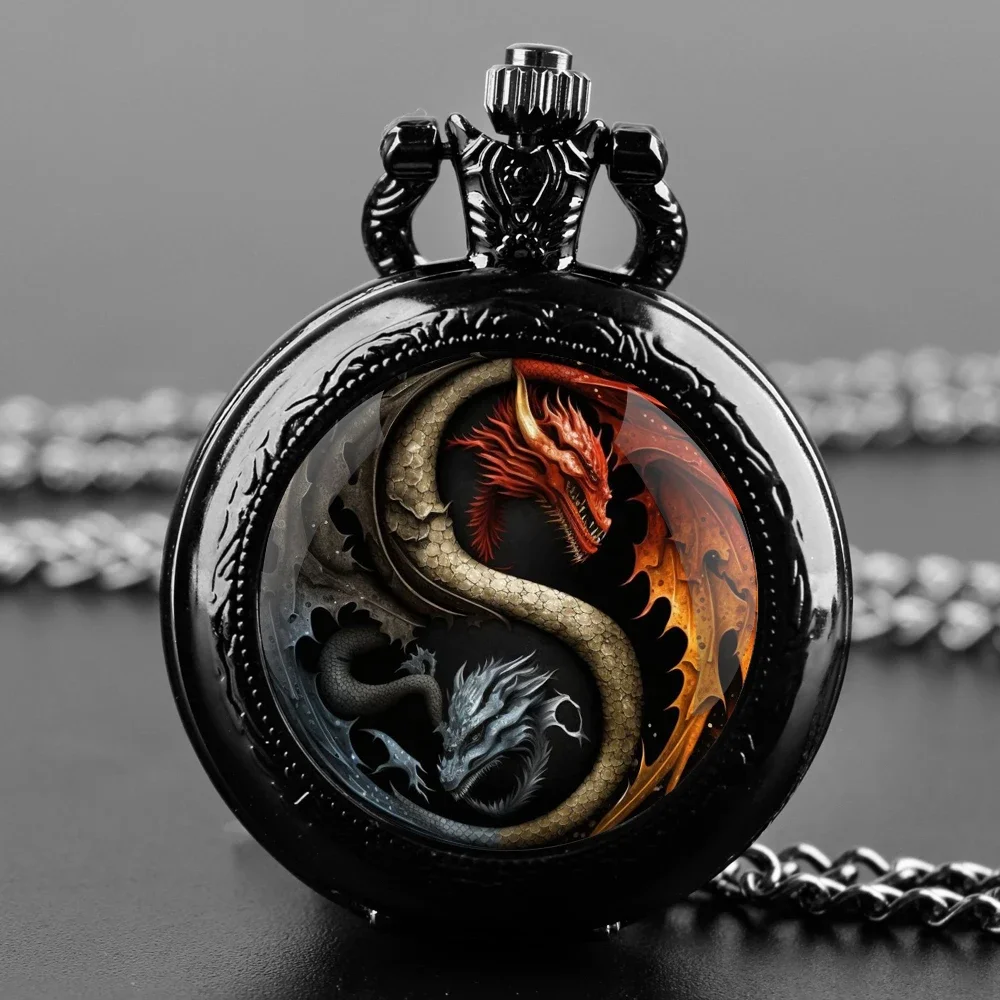 Yin-Yang Dragon Unique Creative Quartz Pocket Watches Necklace Accessory Chain Clock Kids Souvenir Best Gifts For Children Men