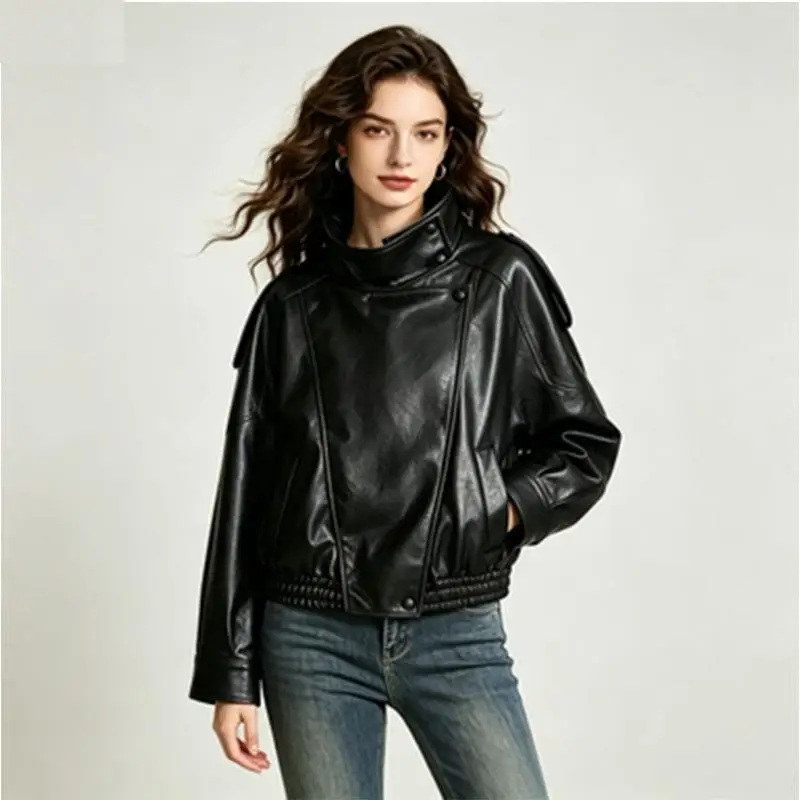 

2026 Style Thin Jacket Retro Motorcycle Skin Coat Women's Collar Coat Long Sleeve No Brand Pure Color Spring Autumn Outerwear