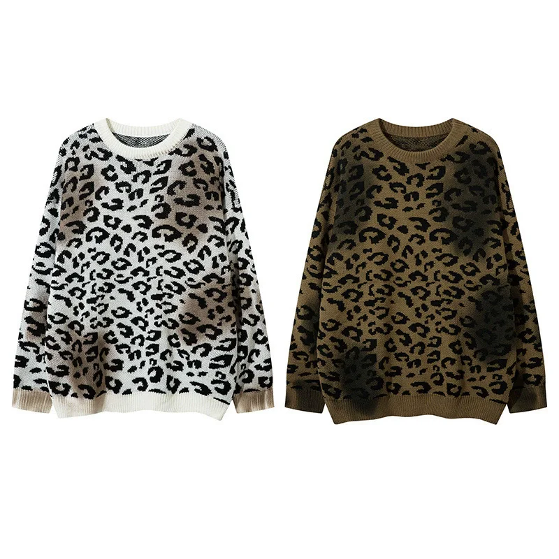Vintage Leopard Knit Sweater 2025 Autumn Distressed Grunge Streetwear Pullover Couple Casual Knitwear Hipster