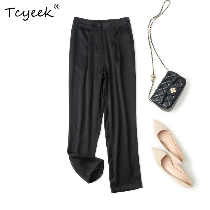 

Tcyeek 93% Mulberry Silk 7% Spandex Summer Thin High Waisted Cigarette Tube Small Leg Long Women's Pants Брюки Женские Летние