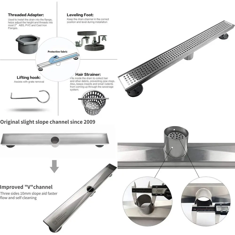 

24-Inch Linear Shower Drain, Removable Grate, Polished Stainless Steel, Leveling Feet, Hair Strainer