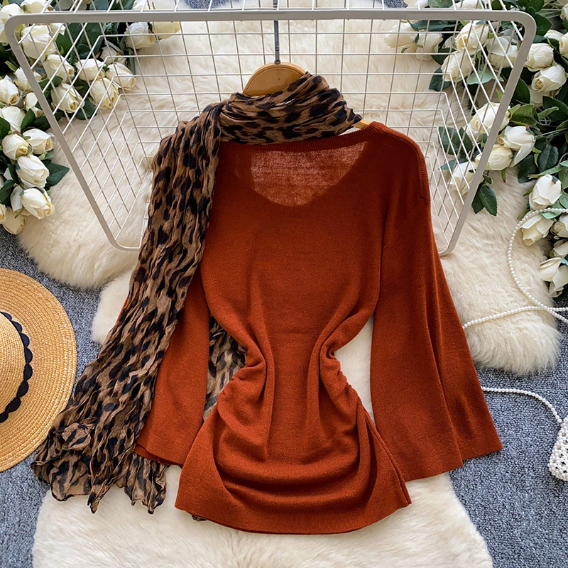 Women's Sweater Korean & Japanese Style Vintage Crew Neck Knit Loose Long Sleeve Pullover Fall Female Top+Leopard Scarf SW040