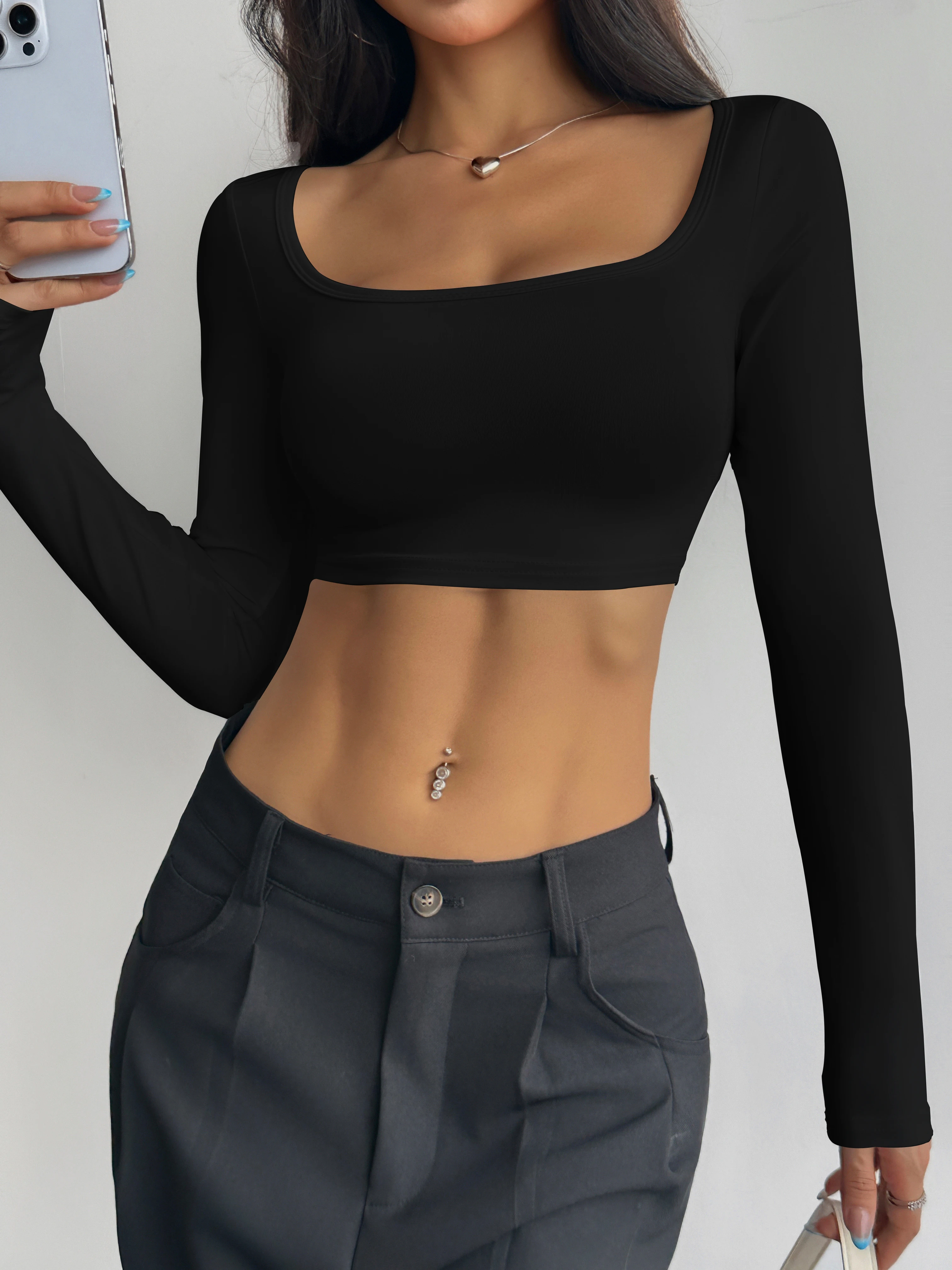 Women's Square-Neck Long-Sleeved Crop Top, Slim-Fit Showcases Collarbone, Hot Short-Length Bodysuit for Versatile Layering
