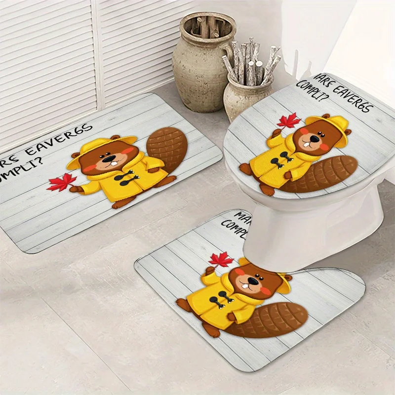 Canadian Beaver 3pc Bath Set – Yellow Raincoat & Maple Leaf Design, Toilet Lid Mat, Trash Can & Faucet Stickers