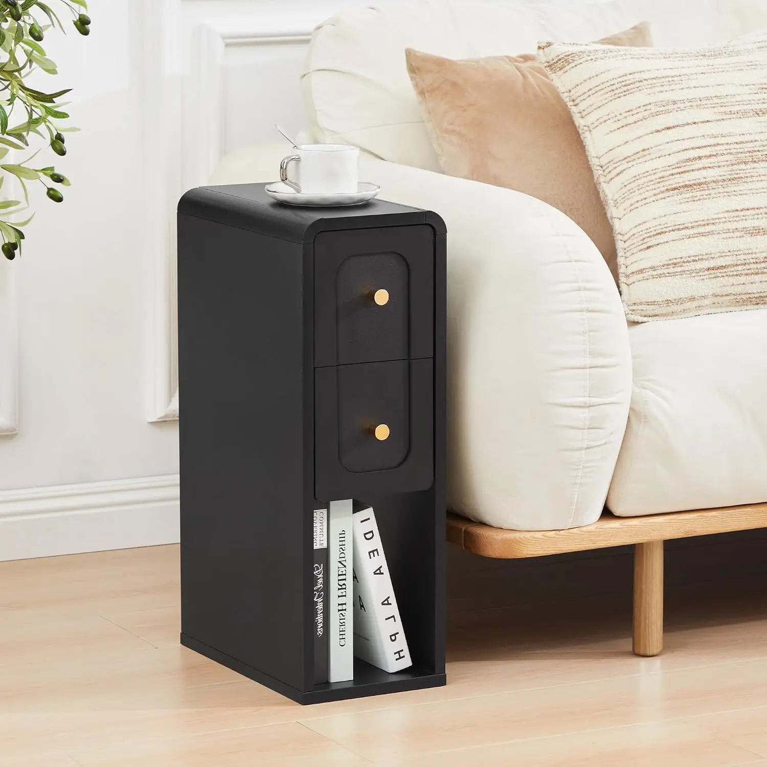 Narrow Nightstand with 2 Drawers Small Bedside Tables(Black-1PCS)