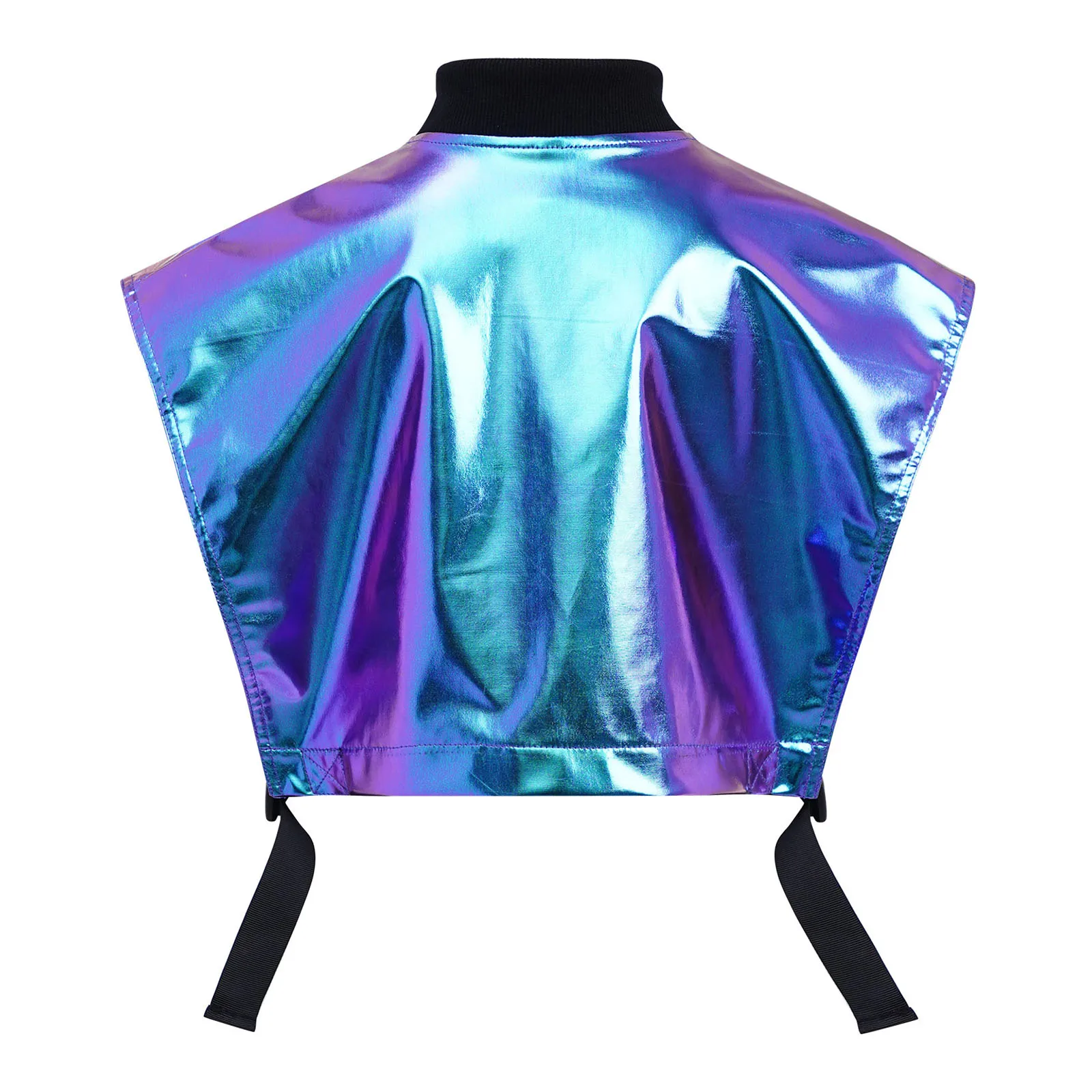 Kinder Mädchen Hip-Hop Jazz-Tanz-Outfit Aufführungskostüm mit seitlich geöffneter Metallweste mit Reißverschluss und seitlichen Druckknöpfen sowie glänzenden Shorts – Detail 34