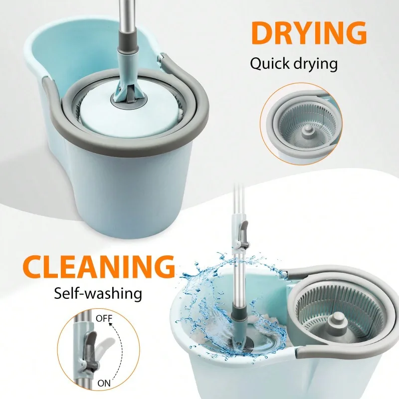 Mop Buckets For Floor Cleaning 360° Spin Wringer Separate Dirty Water With Replaceable Microfiber Mop Head Wet And Dry Suitable For Office And Home Use,Blue