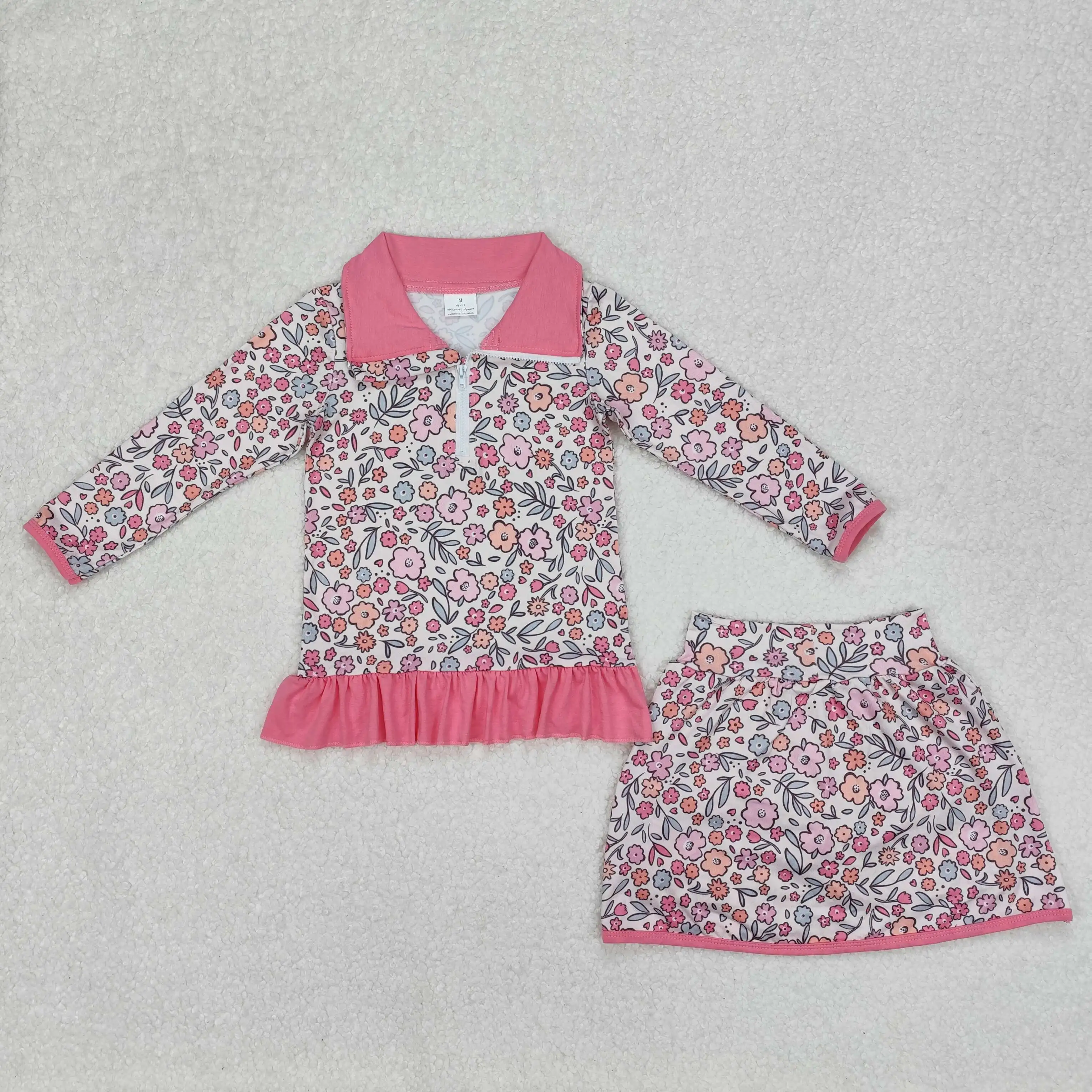 New Western Baby Girls Pink Flowers Zip Top Skirt Ruffle Skort Bottoms Sets Wholesale Boutique Kids Clothes  Skirt Suit