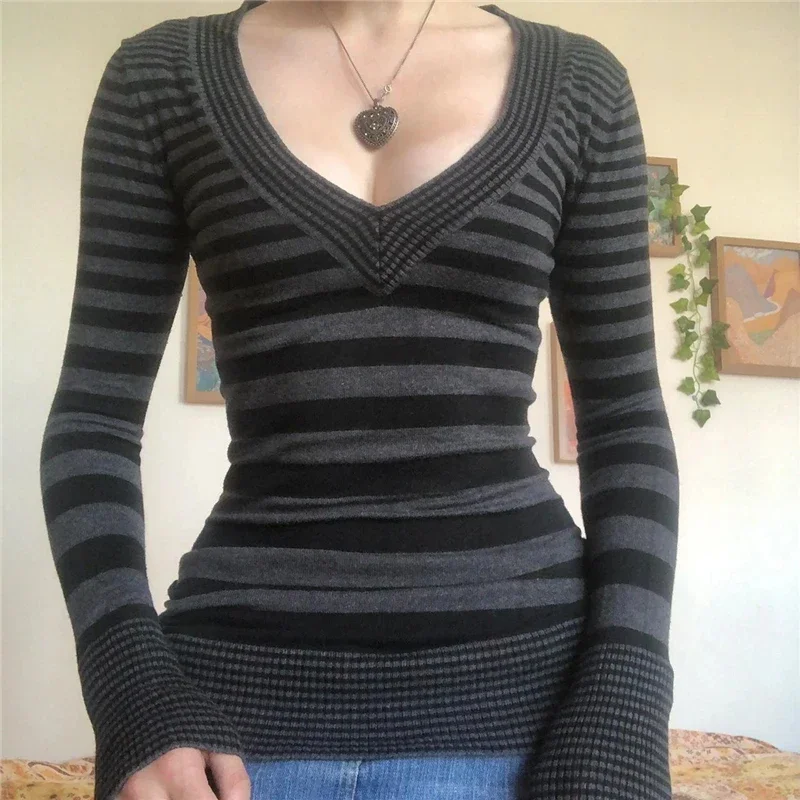 

Sexy Slimming Y2k Knitted Top Fairy Grunge Clothe Women Striped V Neck Long Sleeve T Shirt 2000s Clothing Punk Gothic Streetwear
