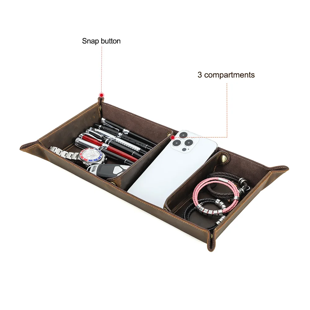 Genuine Leather Desktop Tray Organizer 3 Compartments Durable For Key Jewelry Cosmetic Storage Box Folding Home Decoration