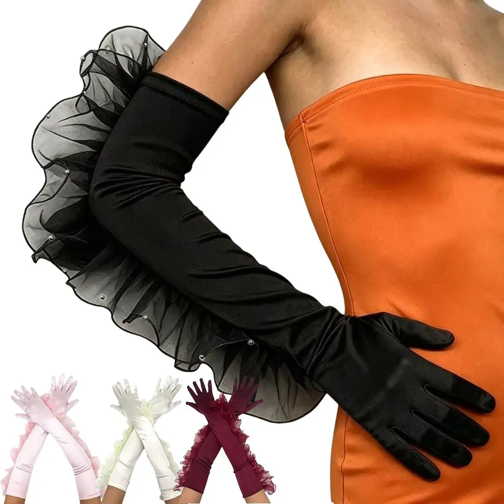 Elegant Organza Ruffle Long Opera Gloves 55CM Pearl Trim Satin Gloves Ruffle Trim Stretchy Fit Lace Gloves Wedding