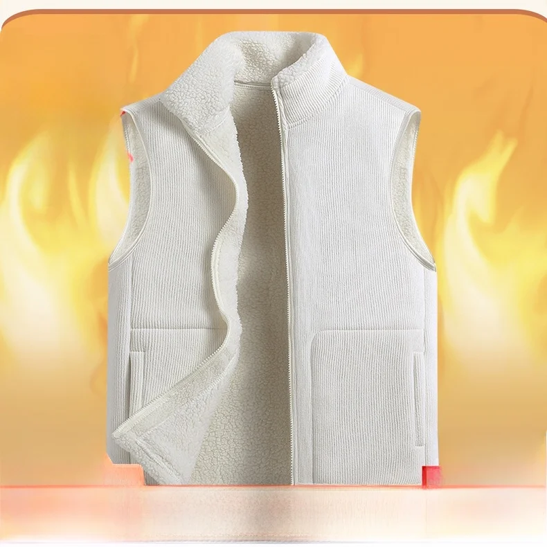 

Qui Warmth Thiened Stand Collar Vest Men's Women's Corduroy Lamb Velvet Lined Windproof Winter Faion Casual Zipper Closure