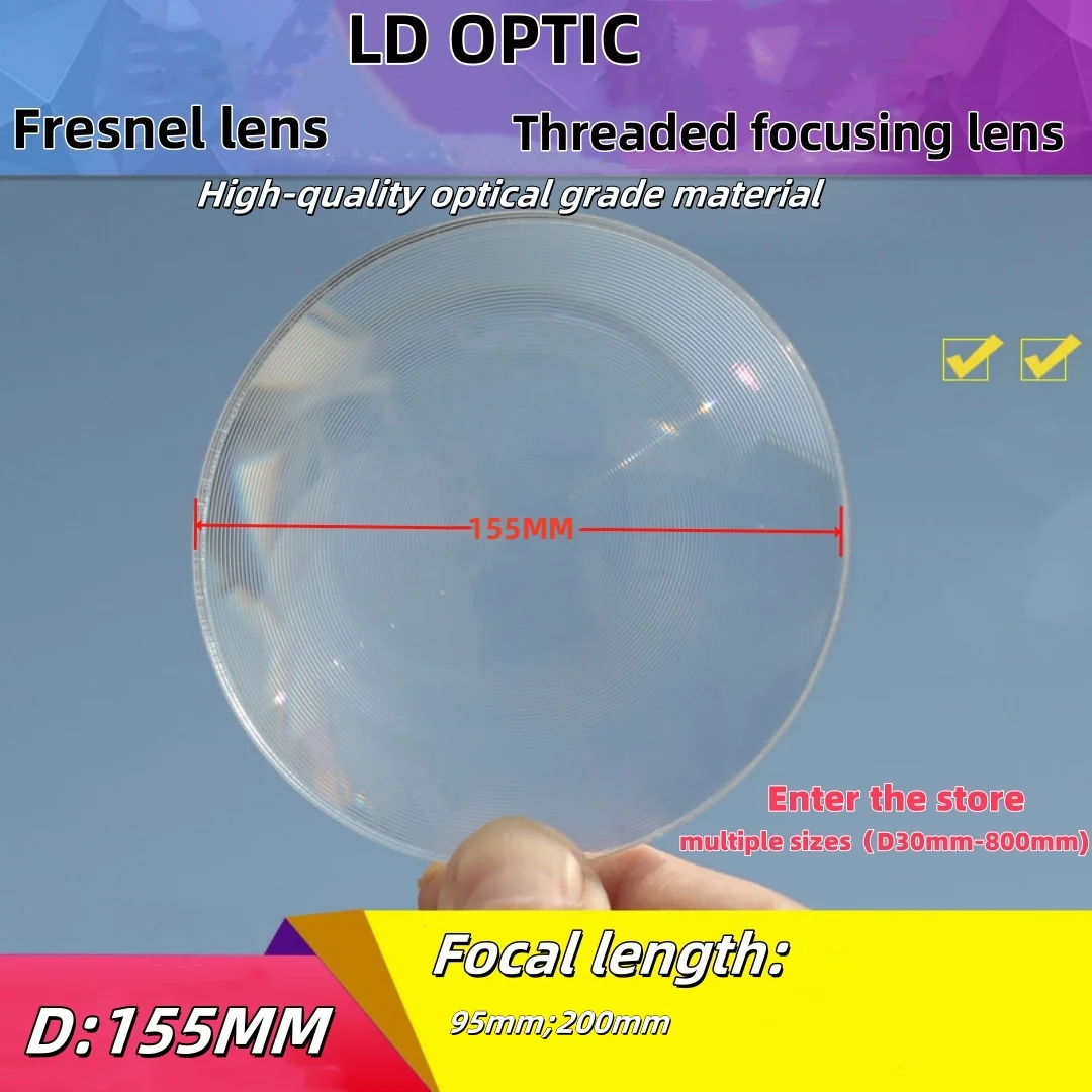 155MM diameter optical grade plastic PMMA Fresnel lens. Solar focusing threaded lens. For ignition, lighting and magnification