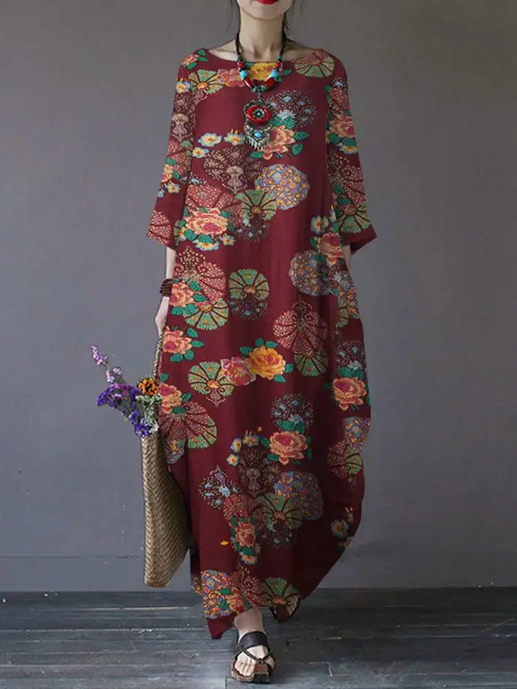 Zanzea Vintage Gedrukt Maxi Lange Jurk Vrouwen Zonnejurk Casual Lange Mouwen Kaftan Jurken Vrouwelijke Baggy Bloemen Vestidos 7