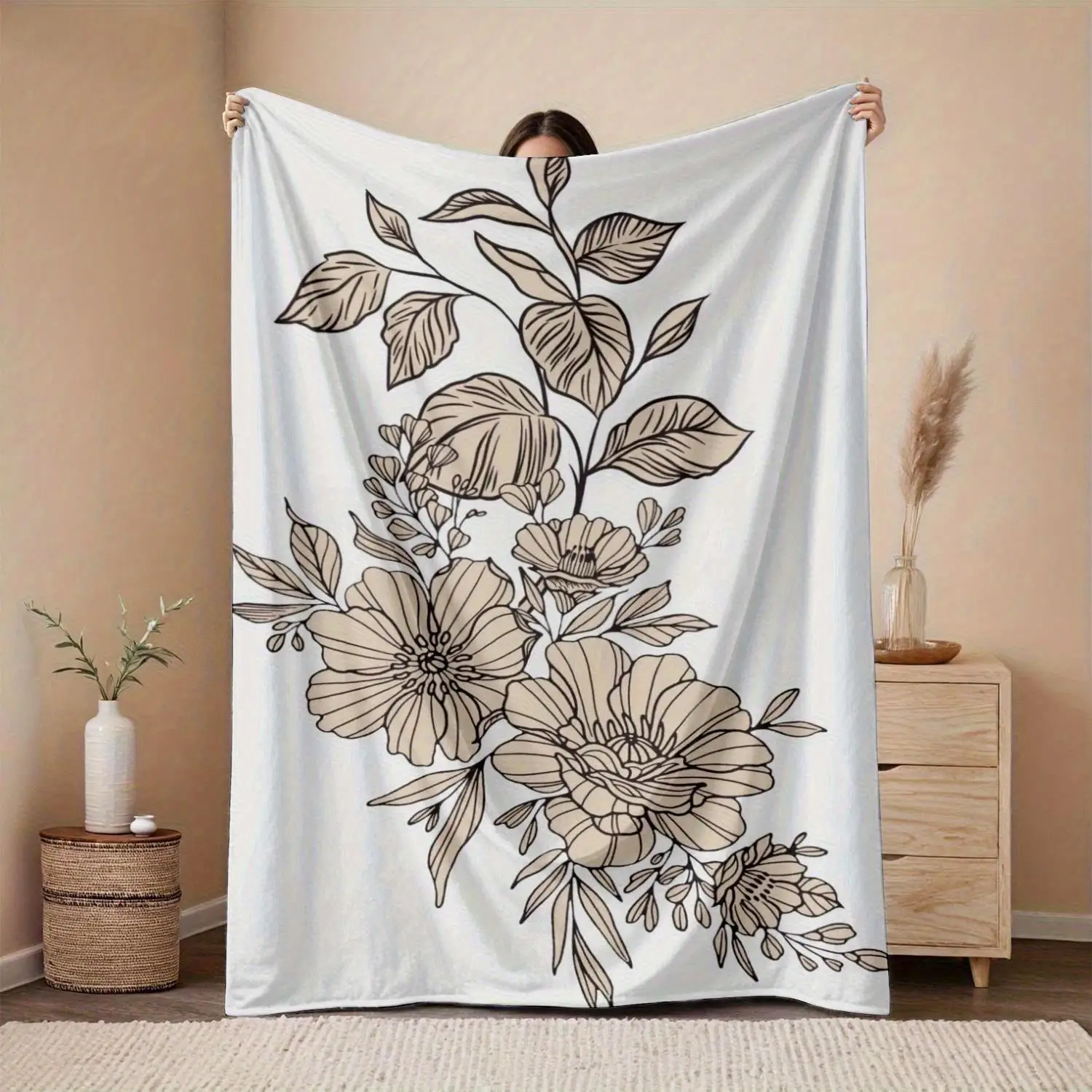 

1pc Plant flower leaf pattern printed blanket, polyester fabric, machine washable, suitable for bedroom and living room